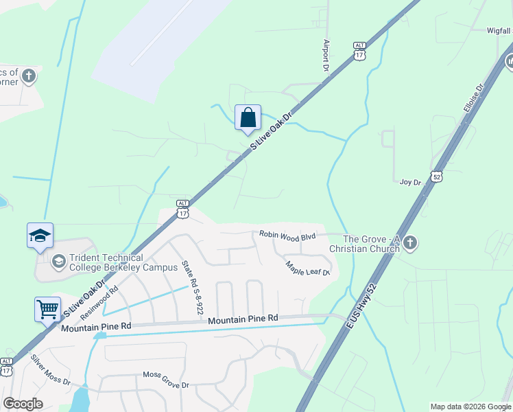 map of restaurants, bars, coffee shops, grocery stores, and more near 133 Oak Hill Lane in Moncks Corner