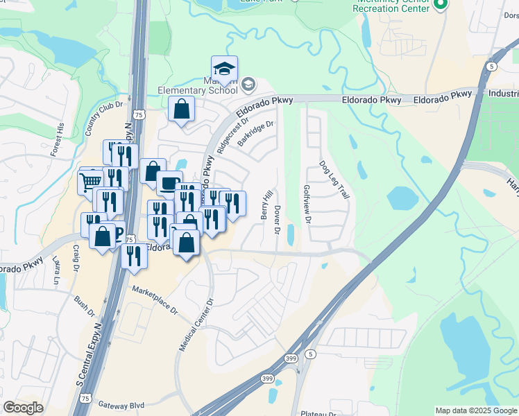 map of restaurants, bars, coffee shops, grocery stores, and more near 2804 Berry Hill in McKinney