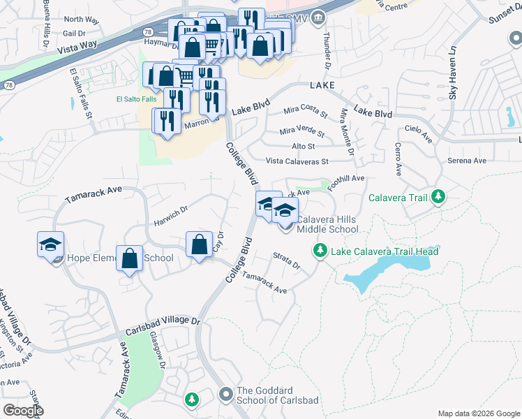 map of restaurants, bars, coffee shops, grocery stores, and more near 3720 Ridge Court in Carlsbad