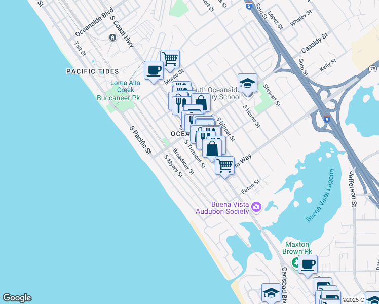 map of restaurants, bars, coffee shops, grocery stores, and more near 1810 Broadway Street in Oceanside