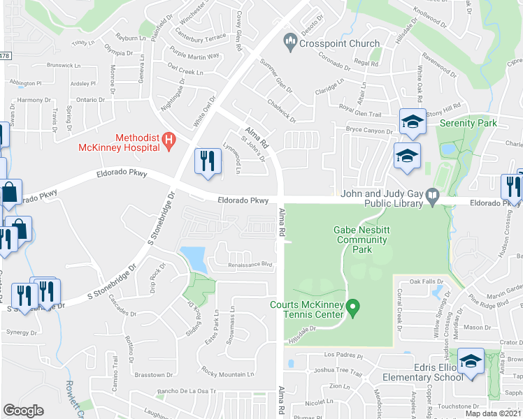 map of restaurants, bars, coffee shops, grocery stores, and more near 7601 West Eldorado Parkway in McKinney
