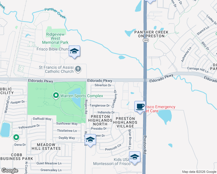 map of restaurants, bars, coffee shops, grocery stores, and more near 8502 Silverton Drive in Frisco