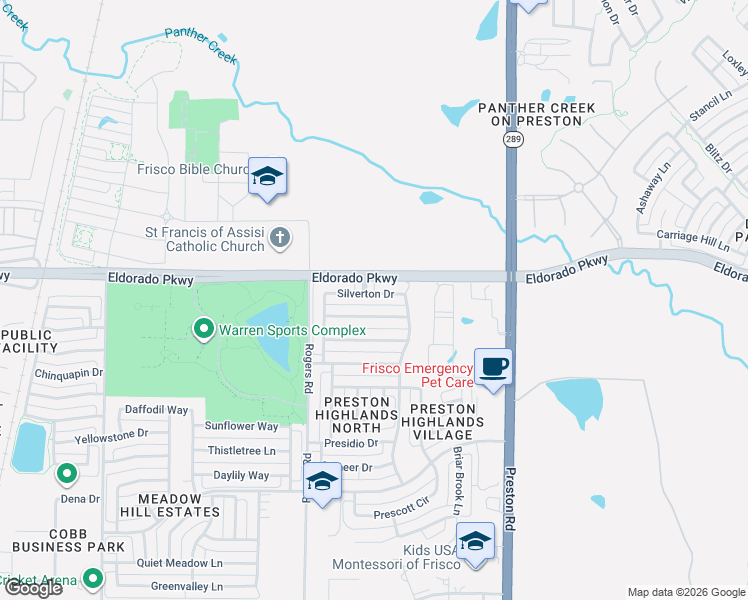 map of restaurants, bars, coffee shops, grocery stores, and more near 8502 Silverton Drive in Frisco