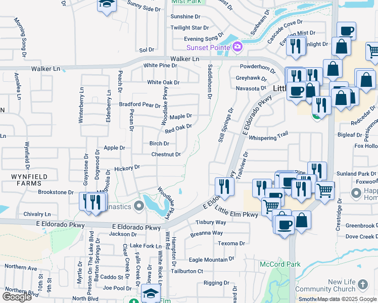 map of restaurants, bars, coffee shops, grocery stores, and more near 2409 Chestnut Drive in Little Elm