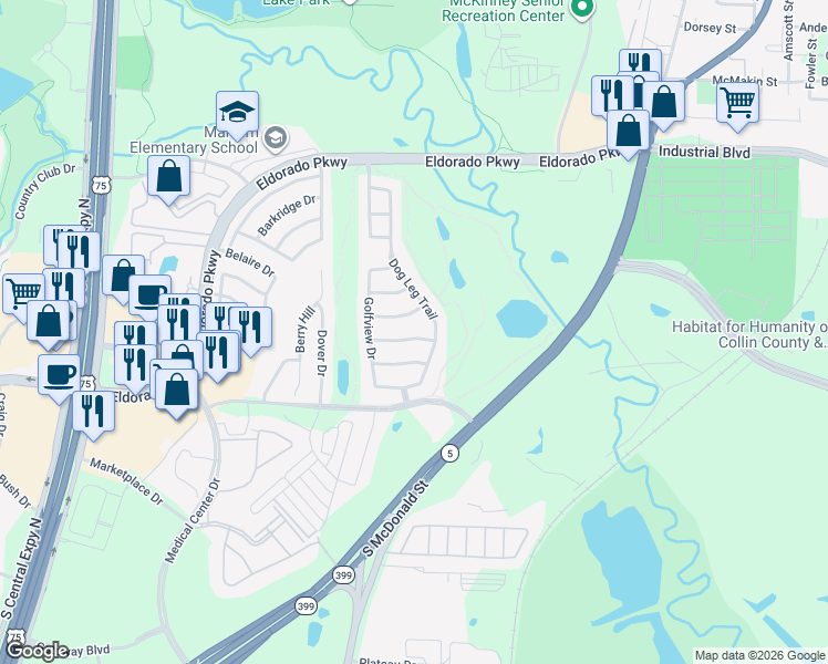 map of restaurants, bars, coffee shops, grocery stores, and more near 708 Golden Nugget Drive in McKinney