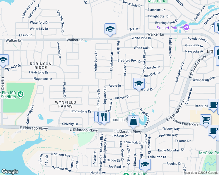 map of restaurants, bars, coffee shops, grocery stores, and more near 2021 Apple Drive in Little Elm