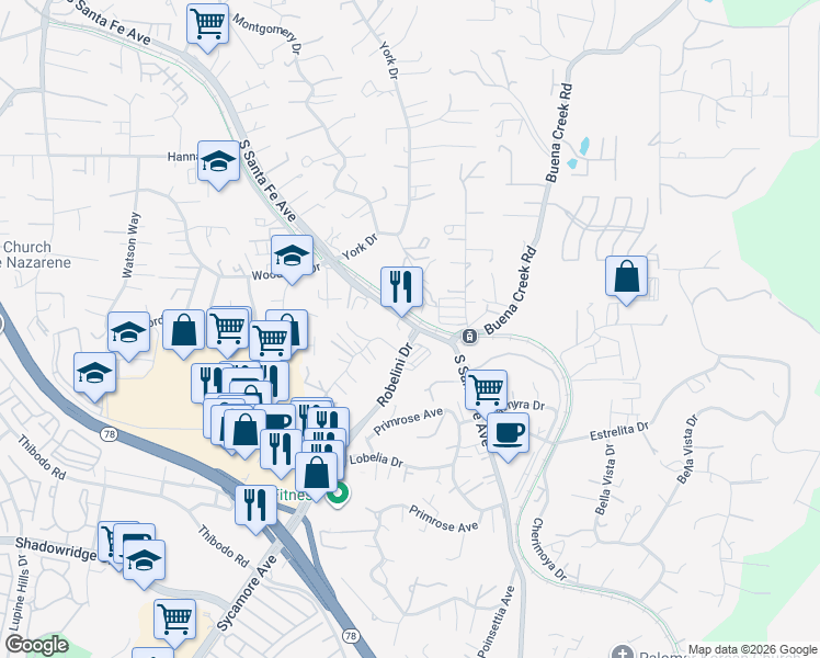 map of restaurants, bars, coffee shops, grocery stores, and more near 1990 South Santa Fe Avenue in Vista