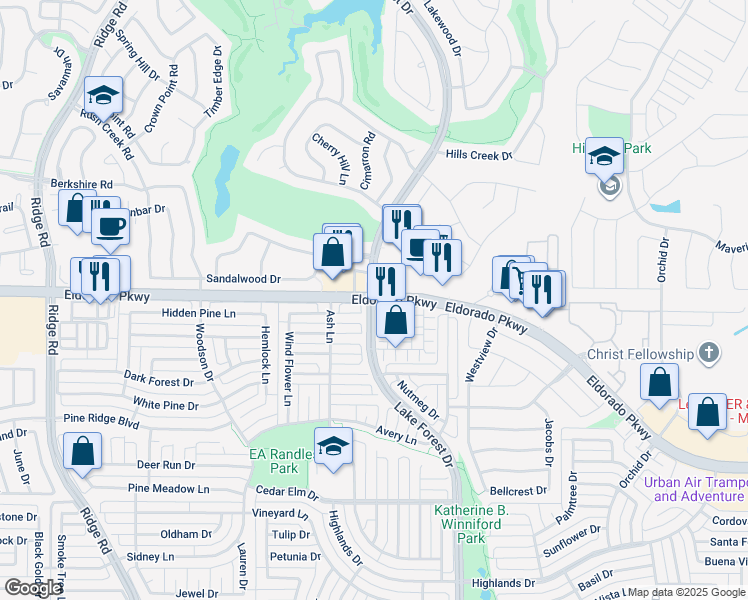map of restaurants, bars, coffee shops, grocery stores, and more near Eldorado Parkway in McKinney