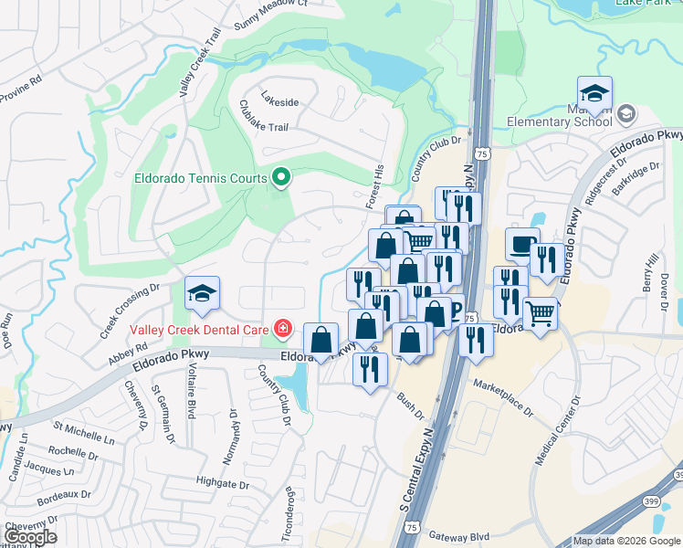 map of restaurants, bars, coffee shops, grocery stores, and more near 2808 Hidden Forest Drive in McKinney