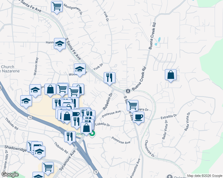 map of restaurants, bars, coffee shops, grocery stores, and more near 1990 South Santa Fe Avenue in Vista
