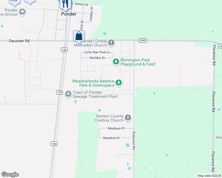 map of restaurants, bars, coffee shops, grocery stores, and more near 251 Stallion Way in Ponder