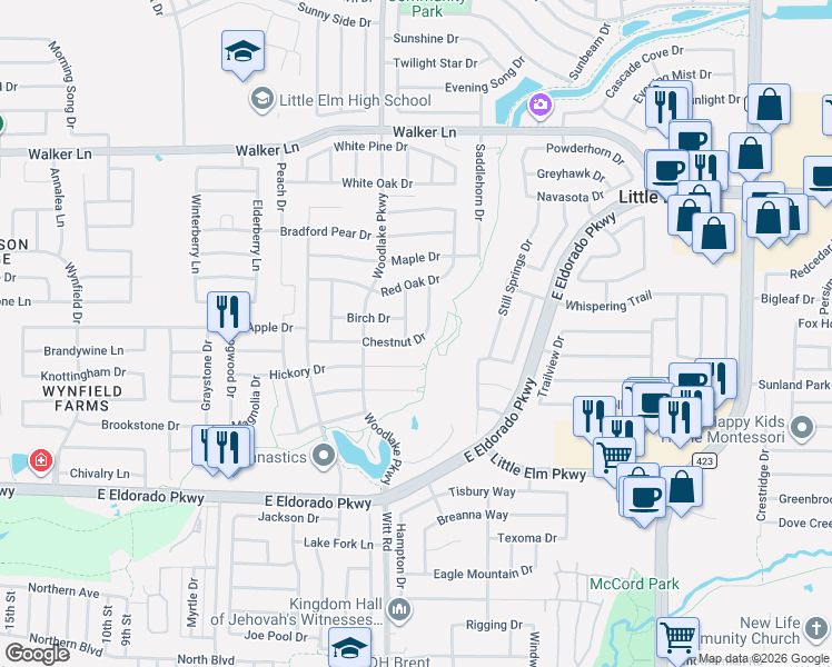 map of restaurants, bars, coffee shops, grocery stores, and more near 2409 Chestnut Drive in Little Elm
