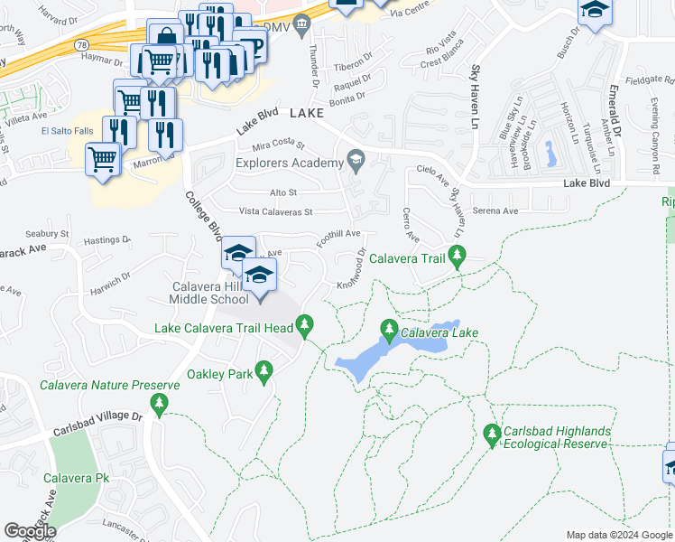 map of restaurants, bars, coffee shops, grocery stores, and more near 3925 Plateau Place in Carlsbad