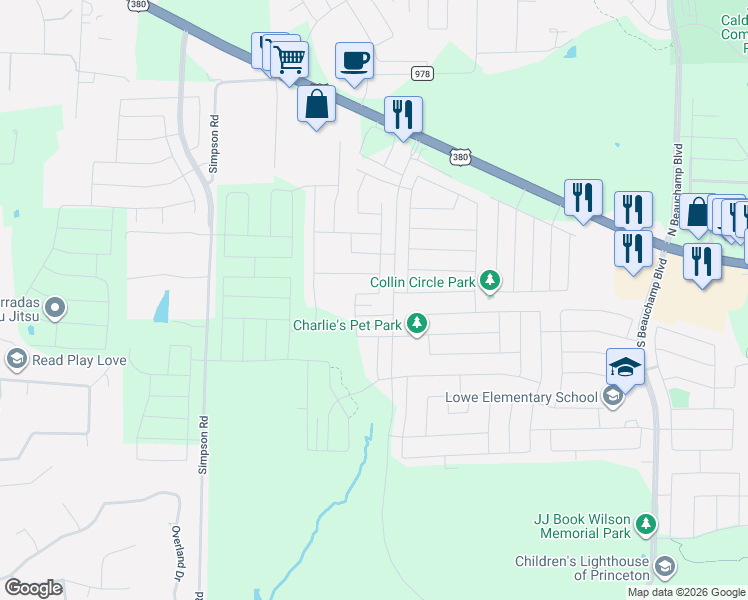 map of restaurants, bars, coffee shops, grocery stores, and more near 1317 Soap Tree Drive in Princeton