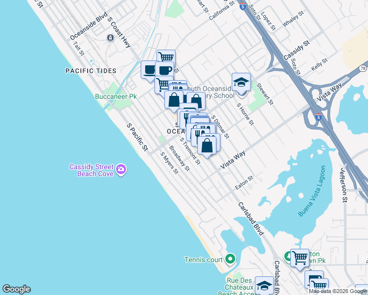 map of restaurants, bars, coffee shops, grocery stores, and more near 1821 South Tremont Street in Oceanside