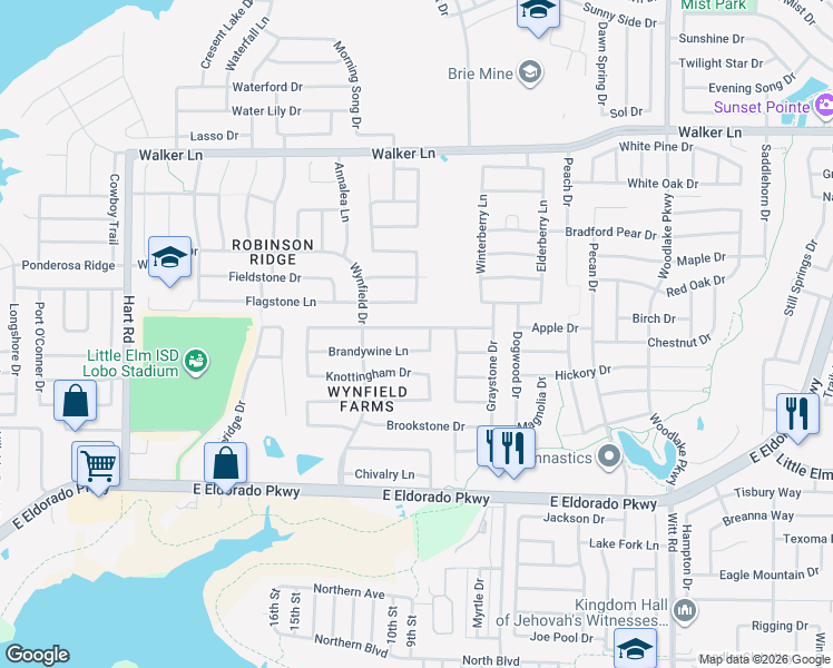 map of restaurants, bars, coffee shops, grocery stores, and more near 1574 Thornhill Lane in Little Elm