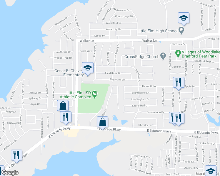 map of restaurants, bars, coffee shops, grocery stores, and more near 487 Castleridge Drive in Little Elm