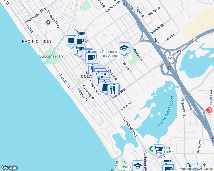 map of restaurants, bars, coffee shops, grocery stores, and more near 1905 South Freeman Street in Oceanside