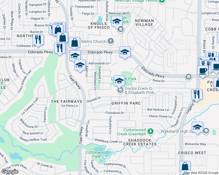 map of restaurants, bars, coffee shops, grocery stores, and more near 3476 Somerset Lane in Frisco