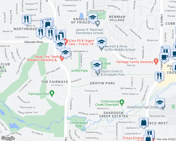 map of restaurants, bars, coffee shops, grocery stores, and more near 3454 Somerset Lane in Frisco