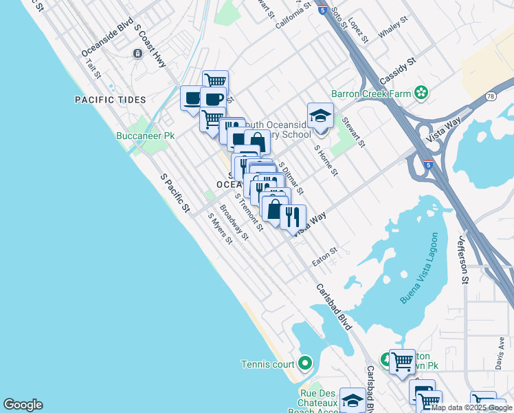 map of restaurants, bars, coffee shops, grocery stores, and more near 2186 South Coast Highway in Oceanside
