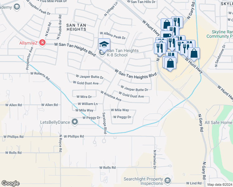 map of restaurants, bars, coffee shops, grocery stores, and more near 32460 North Cat Hills Avenue in Queen Creek