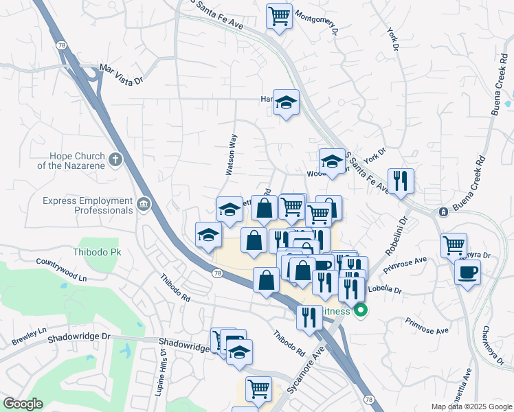 map of restaurants, bars, coffee shops, grocery stores, and more near 1918 Yettford Road in Vista