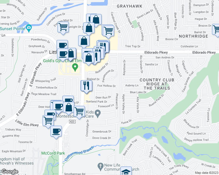 map of restaurants, bars, coffee shops, grocery stores, and more near 3144 Fox Hollow Drive in Little Elm