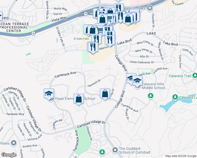 map of restaurants, bars, coffee shops, grocery stores, and more near 3550 Harwich Drive in Carlsbad
