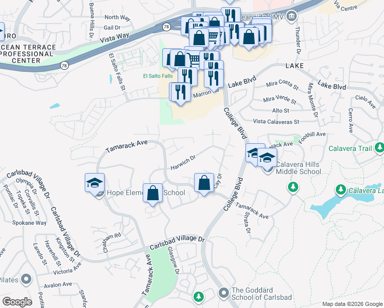 map of restaurants, bars, coffee shops, grocery stores, and more near 3550 Harwich Drive in Carlsbad