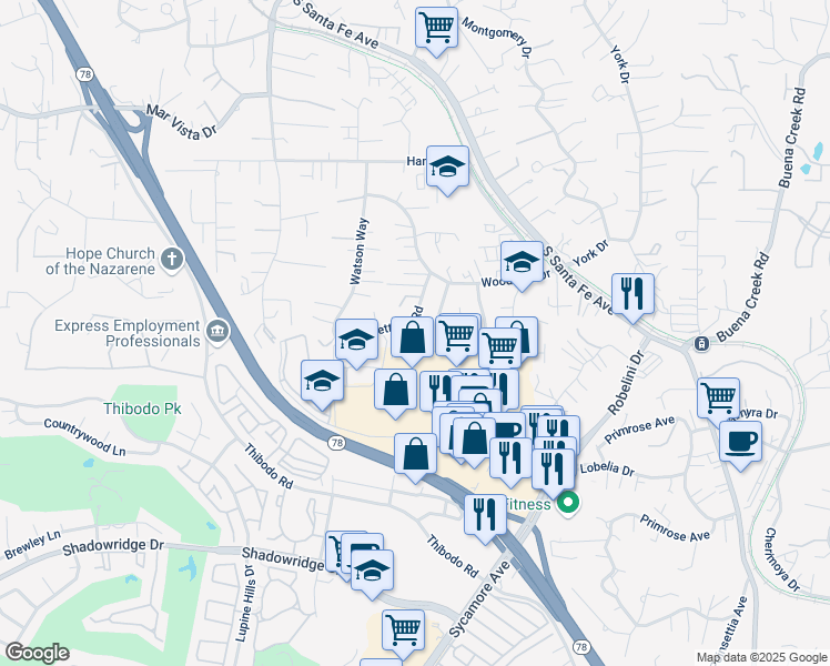 map of restaurants, bars, coffee shops, grocery stores, and more near 1918 Yettford Road in Vista