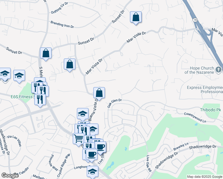 map of restaurants, bars, coffee shops, grocery stores, and more near 1240 Buena Vista Drive in Vista