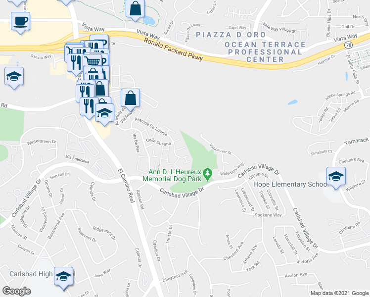 map of restaurants, bars, coffee shops, grocery stores, and more near 2808 Via Pajaro in Carlsbad