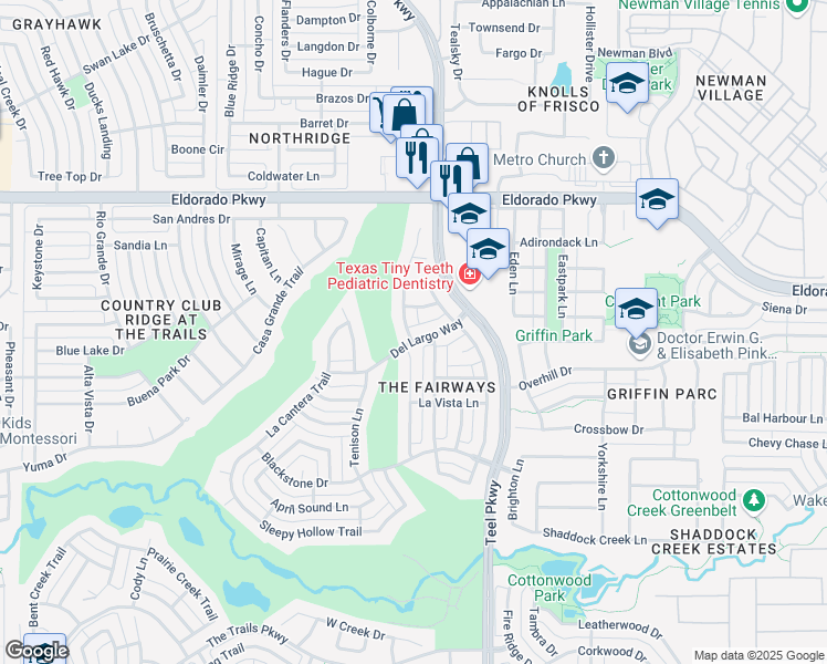 map of restaurants, bars, coffee shops, grocery stores, and more near 2802 Del Largo Way in Frisco
