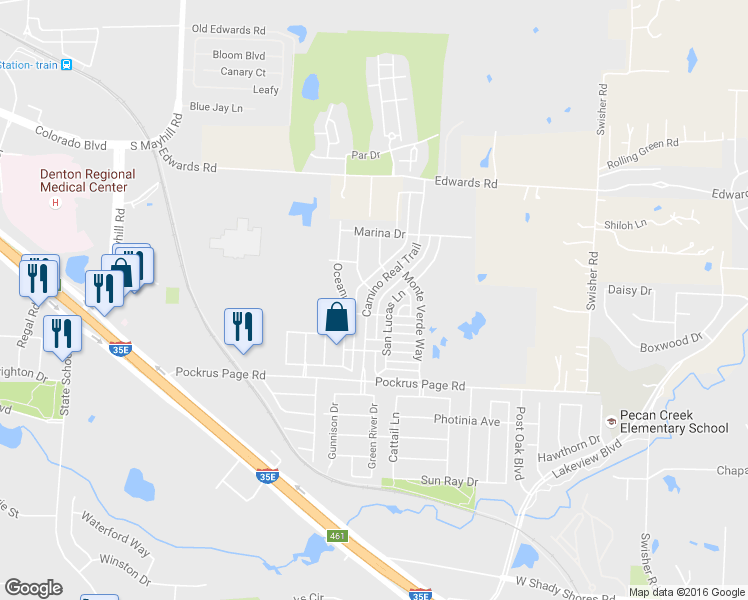 map of restaurants, bars, coffee shops, grocery stores, and more near 3605 Camino Real Trail in Denton