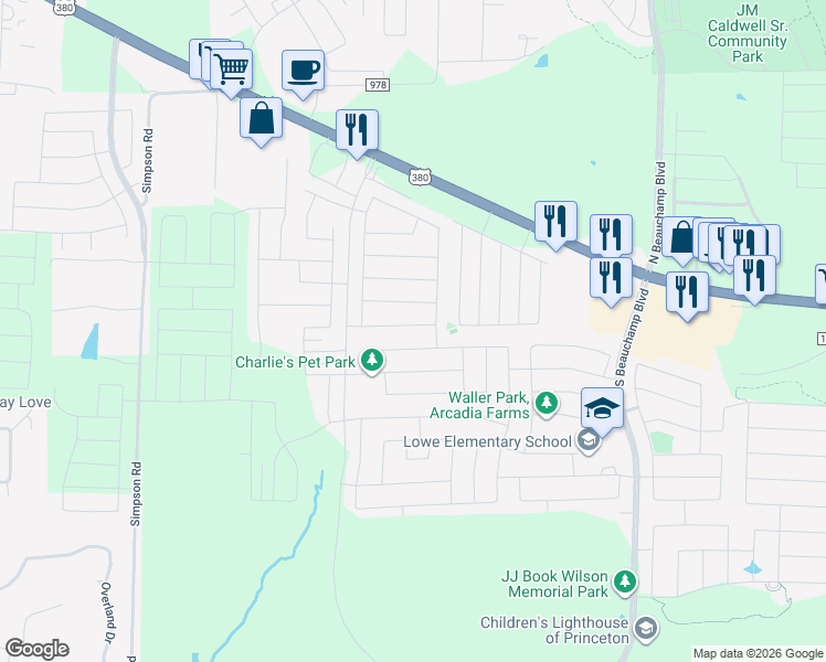 map of restaurants, bars, coffee shops, grocery stores, and more near 1204 Juniper Drive in Princeton