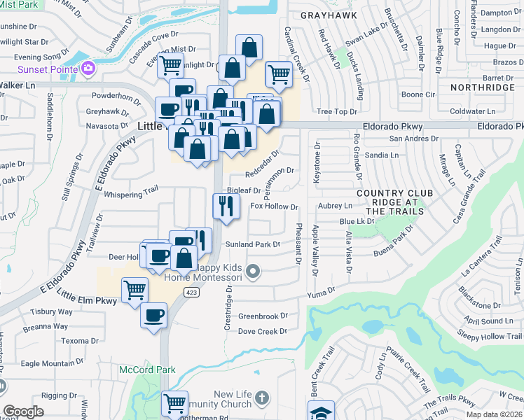 map of restaurants, bars, coffee shops, grocery stores, and more near 3108 Fox Hollow Drive in Little Elm