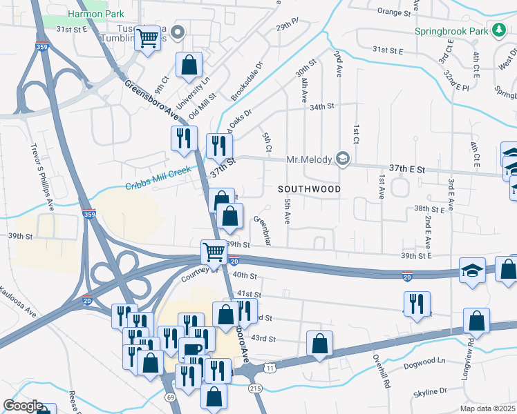 map of restaurants, bars, coffee shops, grocery stores, and more near 19 Greenbriar in Tuscaloosa
