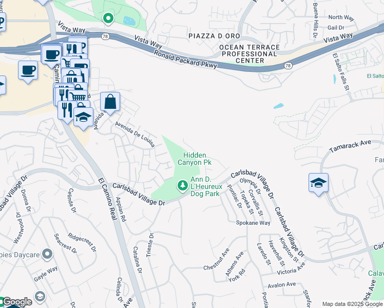 map of restaurants, bars, coffee shops, grocery stores, and more near 2679 Vancouver Street in Carlsbad