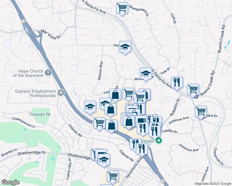 map of restaurants, bars, coffee shops, grocery stores, and more near 1918 Yettford Road in Vista