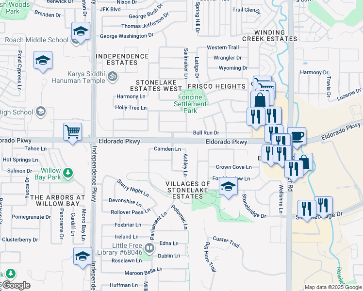 map of restaurants, bars, coffee shops, grocery stores, and more near 15252 Camden Lane in Frisco