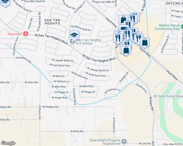 map of restaurants, bars, coffee shops, grocery stores, and more near 2328 West Gold Dust Avenue in Queen Creek