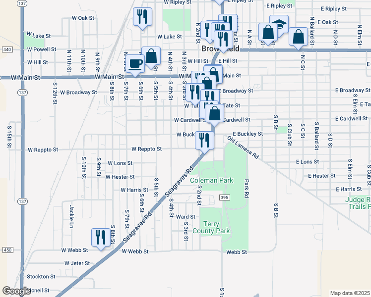 map of restaurants, bars, coffee shops, grocery stores, and more near 301 West Reppto Street in Brownfield