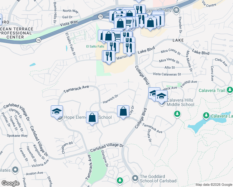 map of restaurants, bars, coffee shops, grocery stores, and more near 3546 Harwich Drive in Carlsbad