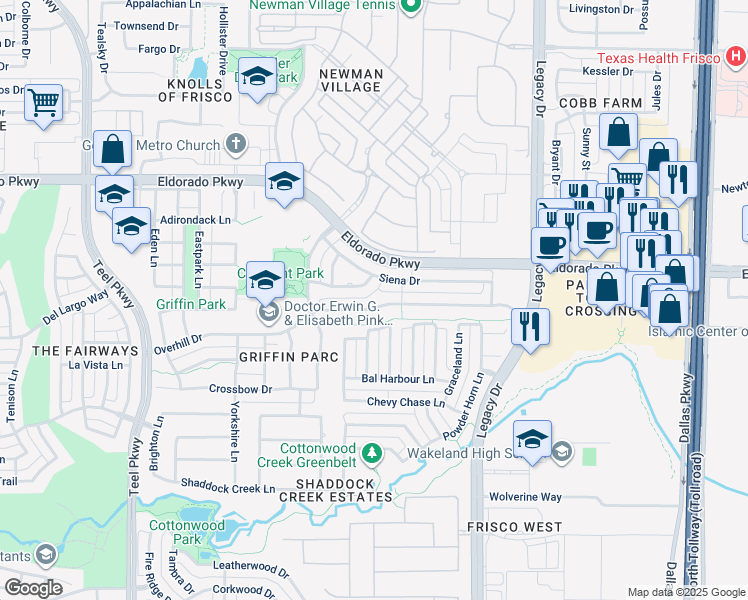 map of restaurants, bars, coffee shops, grocery stores, and more near 4082 Veneto Drive in Frisco