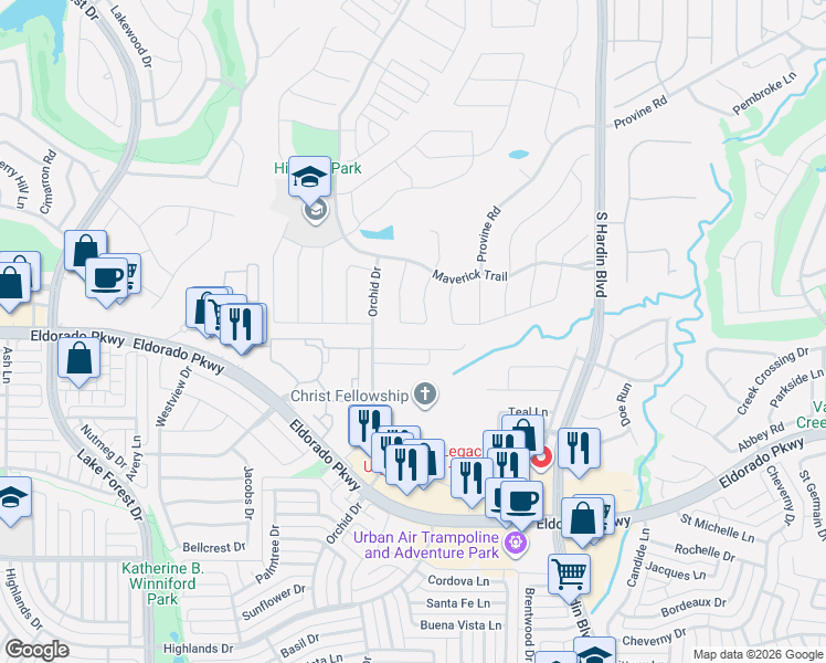 map of restaurants, bars, coffee shops, grocery stores, and more near 2413 Brenham Drive in McKinney