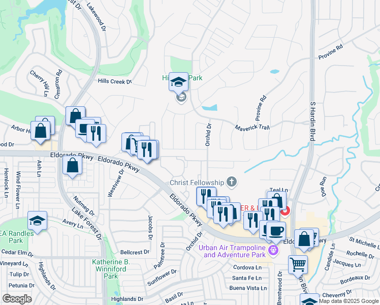 map of restaurants, bars, coffee shops, grocery stores, and more near 4009 Hawkins Drive in McKinney