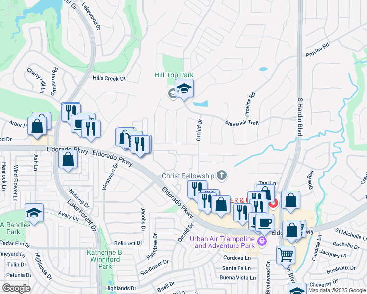 map of restaurants, bars, coffee shops, grocery stores, and more near 4009 Hawkins Drive in McKinney
