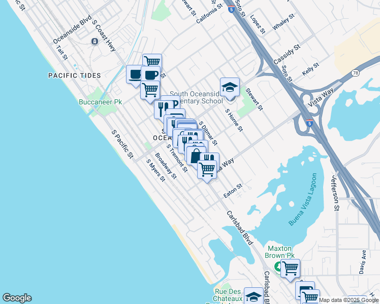 map of restaurants, bars, coffee shops, grocery stores, and more near 1833 South Coast Highway in Oceanside