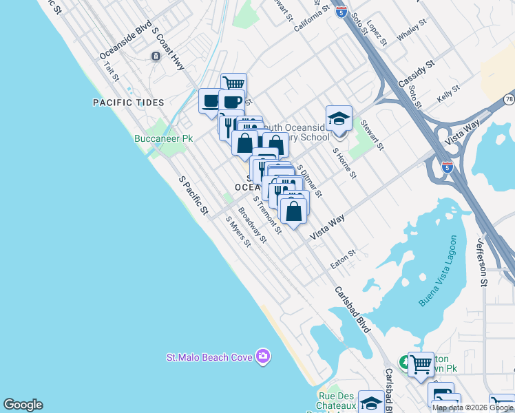 map of restaurants, bars, coffee shops, grocery stores, and more near 1810 Broadway Street in Oceanside